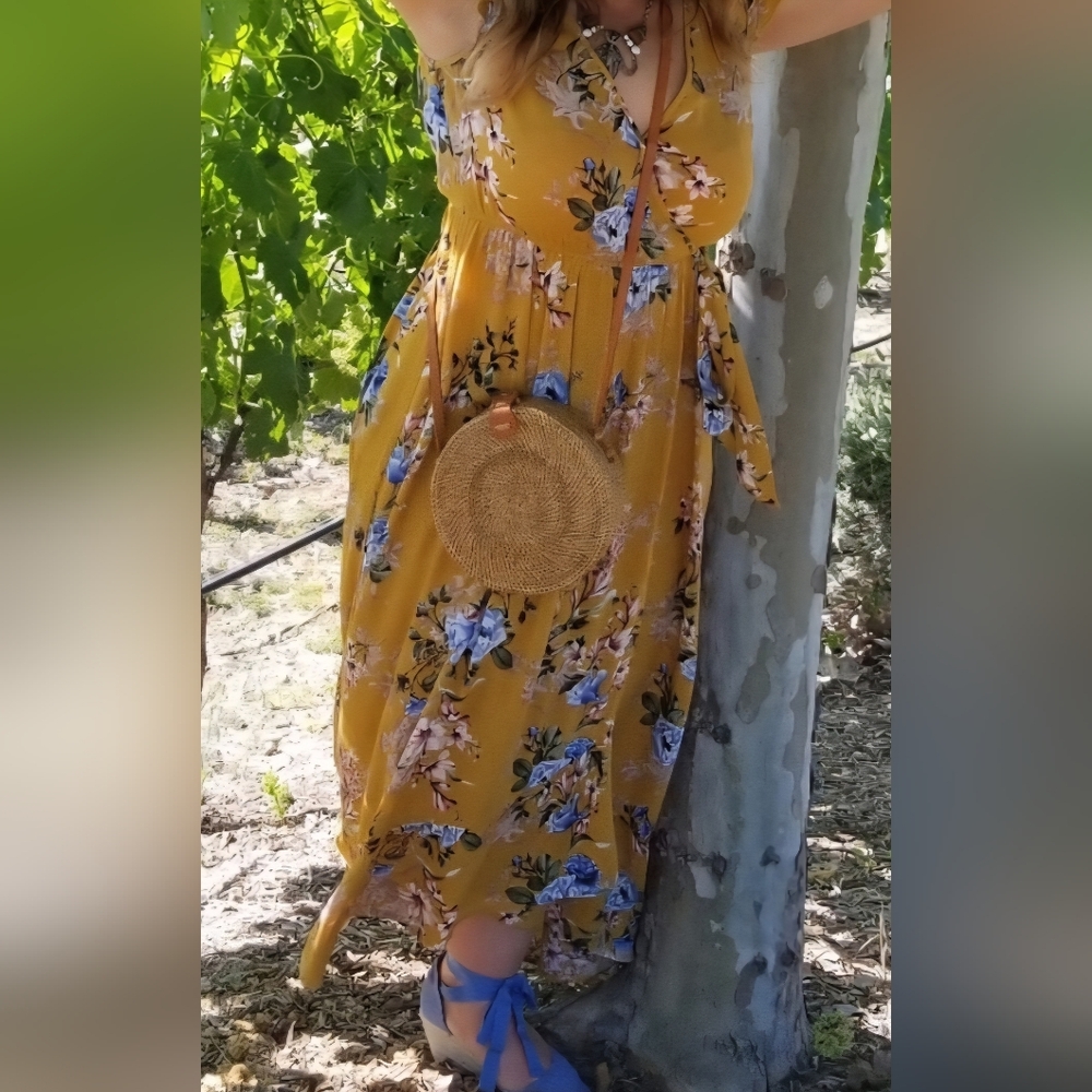Band of Gypsies Mustard and Blue Floral High Low Dress